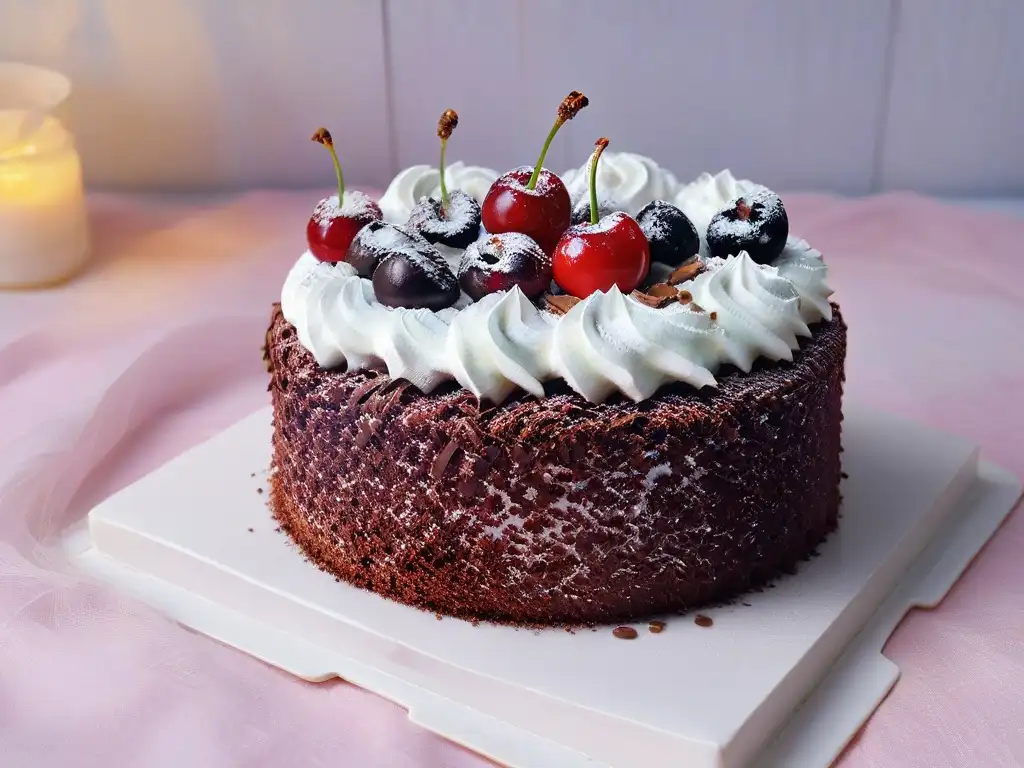 Deliciosa ilustración de una rebanada de pastel Selva Negra con capas de chocolate, crema y cerezas