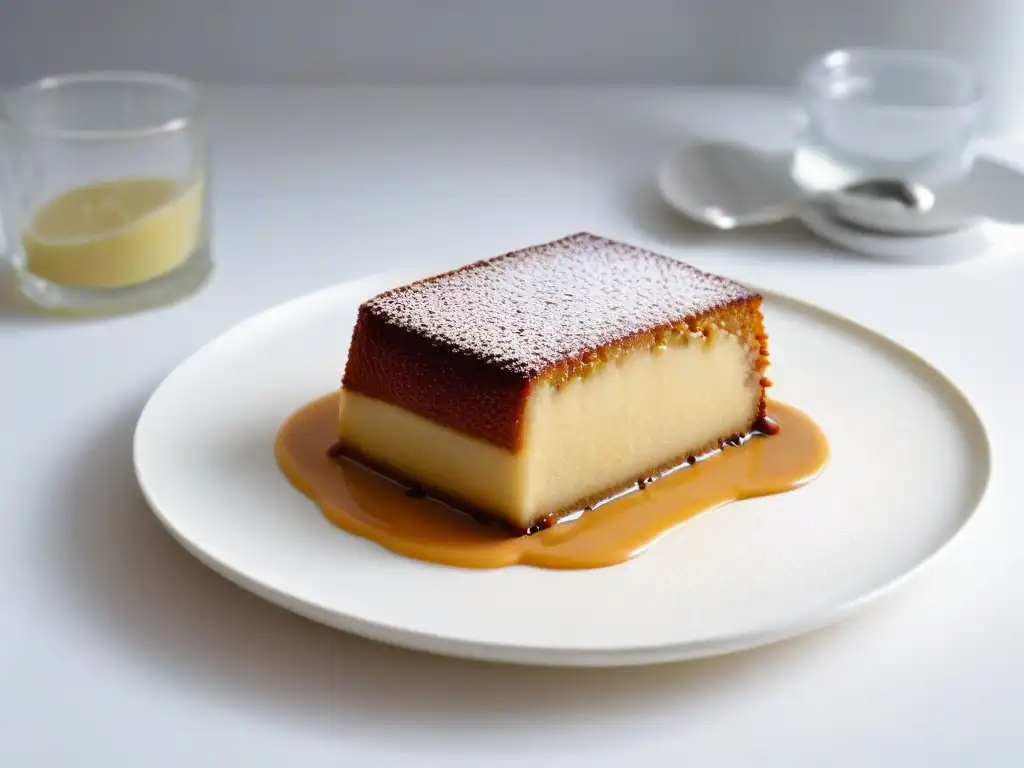 Deliciosa rebanada de Malva Pudding en un plato blanco, destacando su textura húmeda y caramelo