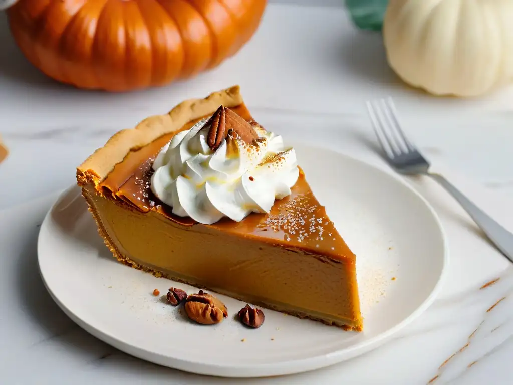 Deliciosa rebanada de tarta de calabaza con crema batida y canela, en plato blanco sobre encimera de mármol