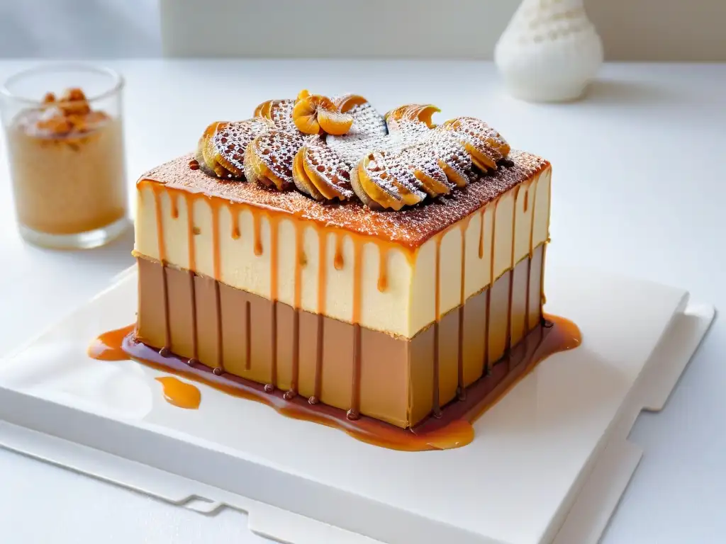 Deliciosa rebanada de torta con dulce de leche y caramelo