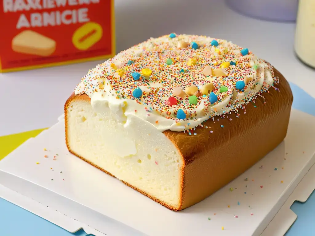 Deliciosa rebanada de Fairy Bread con vibrantes colores de sprinkles sobre pan blanco y manteca, perfecta para una receta de fiesta