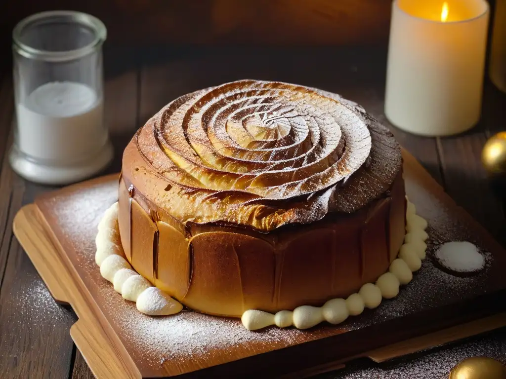 Delicioso Kouglof recién horneado en mesa rústica Deliciosa receta kouglof repostería alsaciana: un Kouglof recién horneado sobre una mesa de madera rústica, espolvoreado con azúcar glass