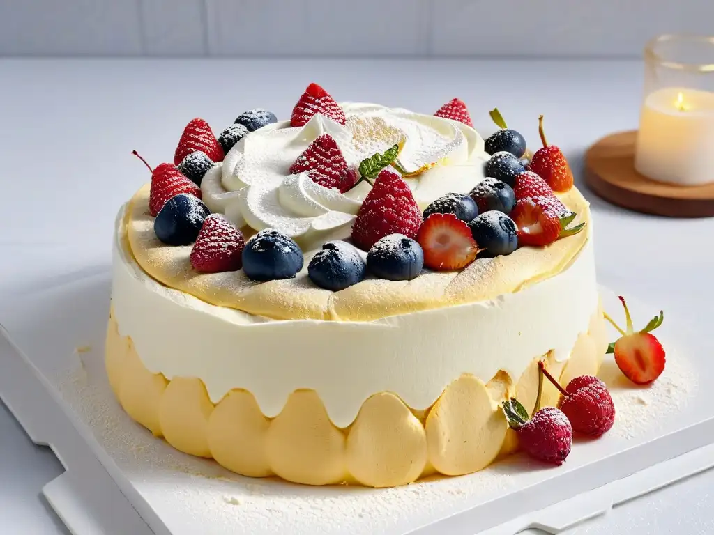 Deliciosa Receta Wattleseed Pavlova australiana con bayas frescas y sirope dorado en plato blanco sobre encimera de mármol