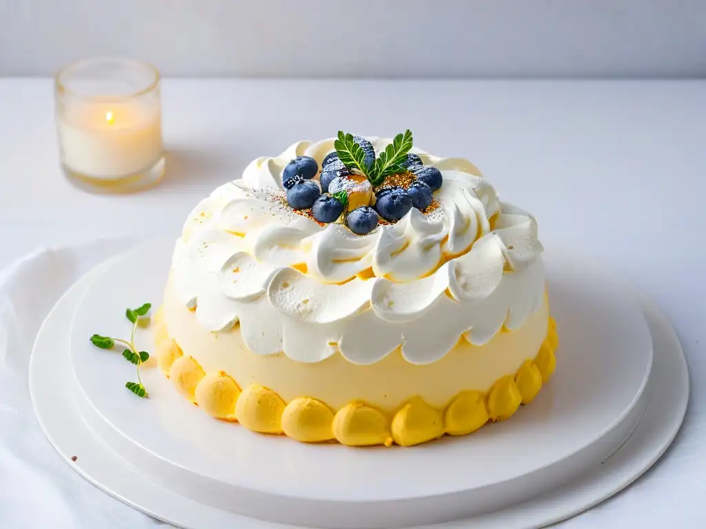 Deliciosa Receta Wattleseed Pavlova australiana en plato blanco sobre fondo neutro