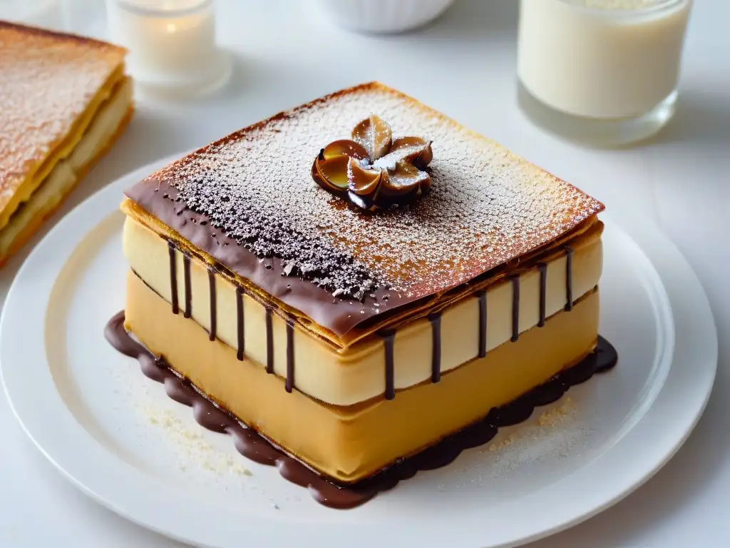 Deliciosa receta auténtica martabak manis con chocolate, leche condensada y nueces trituradas en un plato blanco moderno