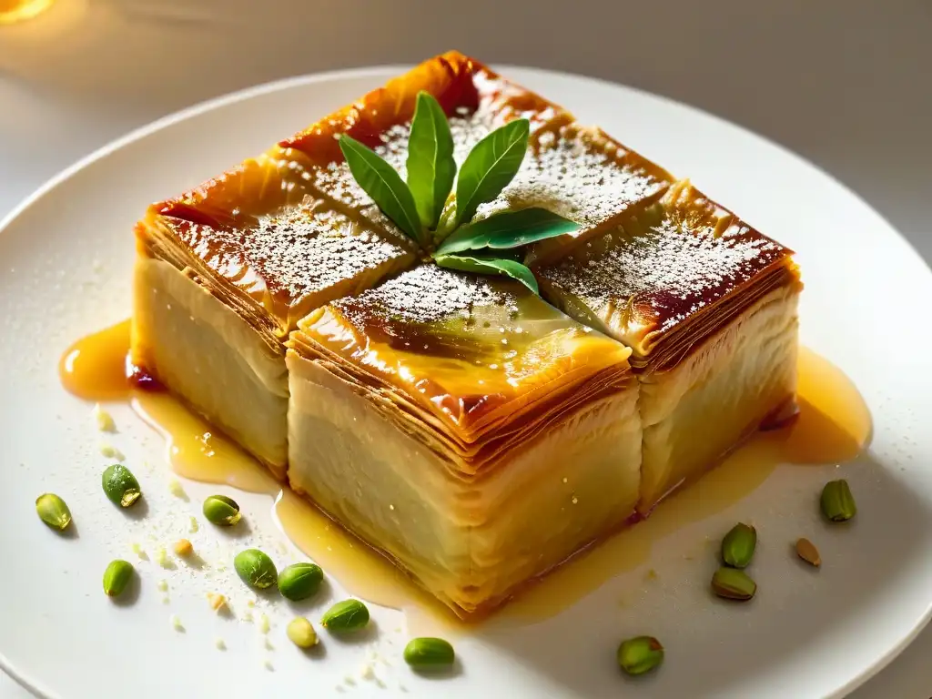 Deliciosa receta auténtica de Baklava griego con pistachos, miel y capas crujientes de masa filo, bañada en luz suave