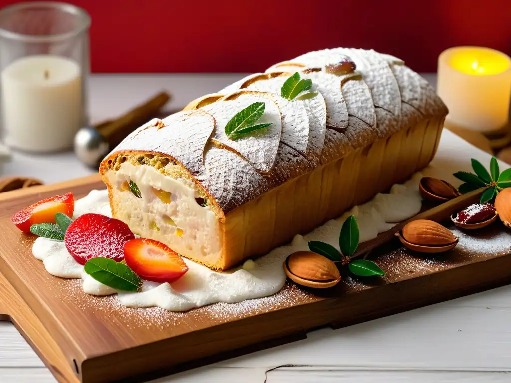 Deliciosa receta auténtica stollen alemán: pan recién horneado, frutas confitadas y almendras en una mesa de madera rústica