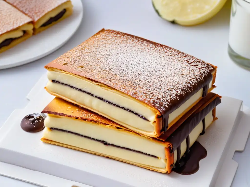 Deliciosa receta auténtica Martabak Manis: pancake indonesio con chocolate, cacahuetes, leche condensada y decorado colorido, sobre plato moderno