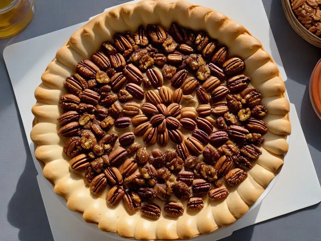 Deliciosa Receta auténtica de Pecan Pie: un pastel de nueces pecanas recién horneado con detallados detalles dorados y aroma tentador