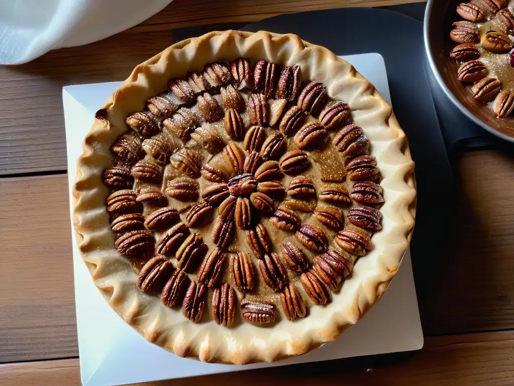 Deliciosa Receta auténtica de Pecan Pie: pastel de nueces pecanas recién horneado en una mesa rústica