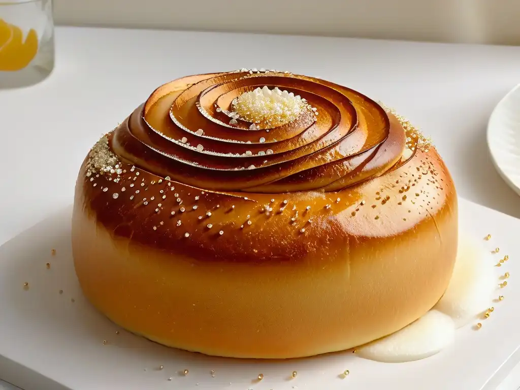 Deliciosa receta de brioche con azúcar perlado, resaltando su brillo y textura en un fondo blanco