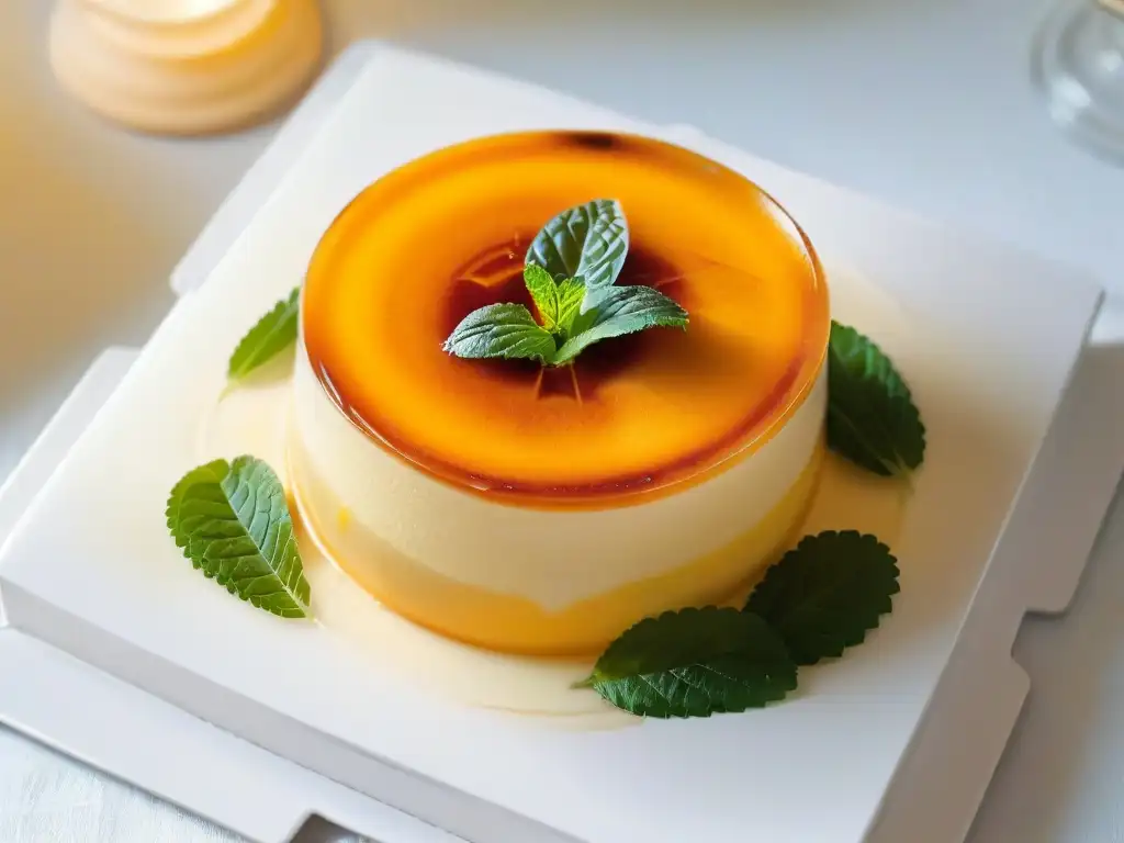 Deliciosa receta banh flan vietnamita en un elegante plato blanco con caramelo dorado y crema, decorado con una hoja de menta fresca