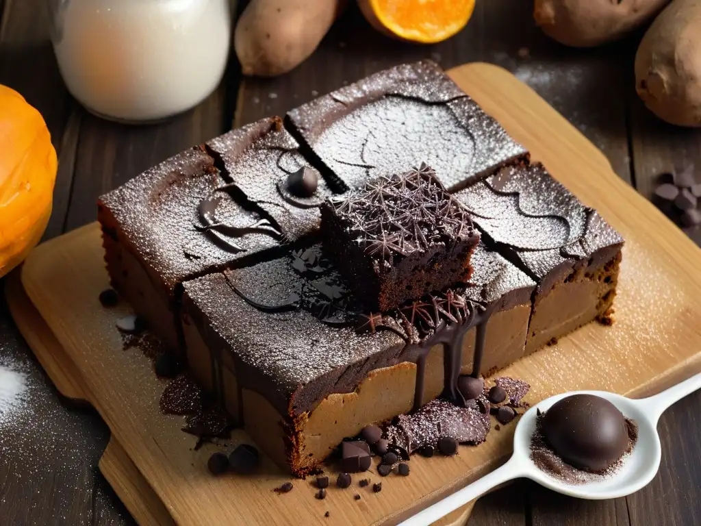 Delicioso brownie de batata con chocolate oscuro Deliciosa receta de brownie de batata con chocolate, recién horneado en una mesa rústica