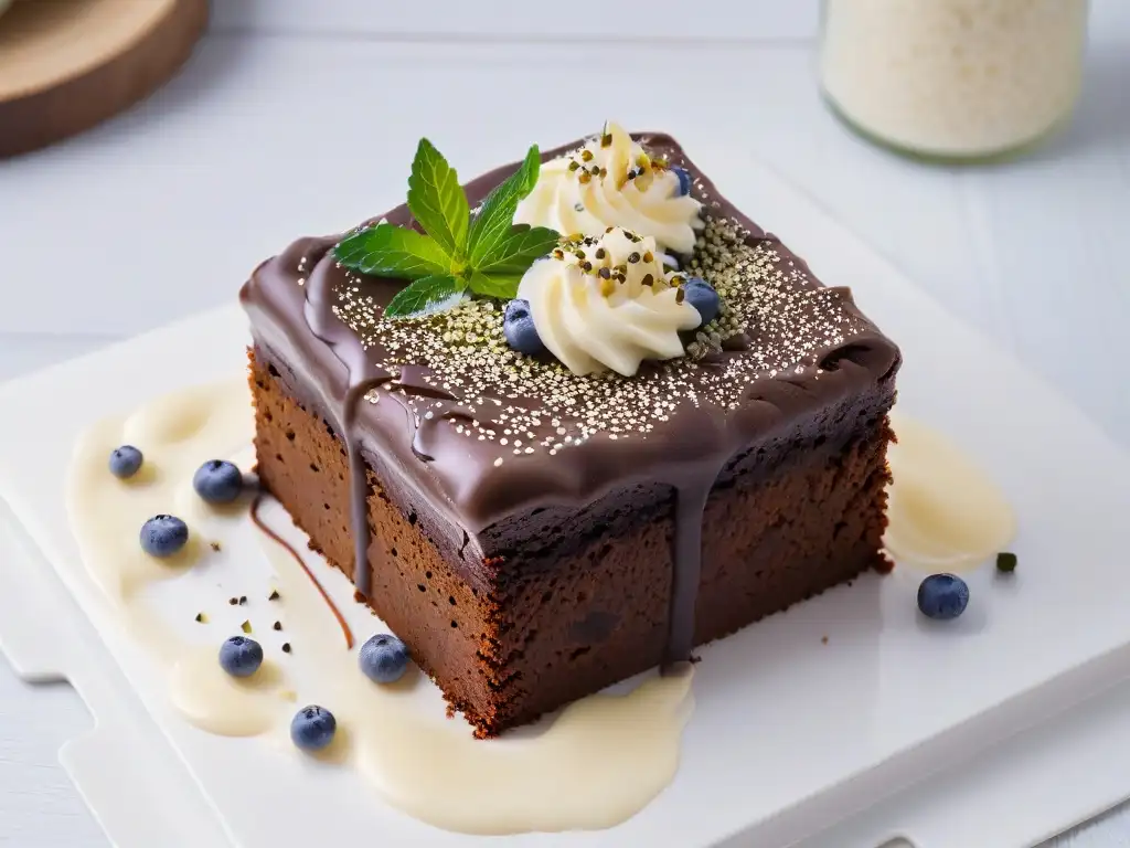 Deliciosa receta de brownie de proteína de cáñamo con glaseado y semillas, en un elegante plato blanco