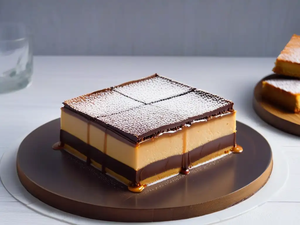 Deliciosa Receta Caramel Slice equilibrio perfecto en un plato moderno, resaltando sus capas y texturas