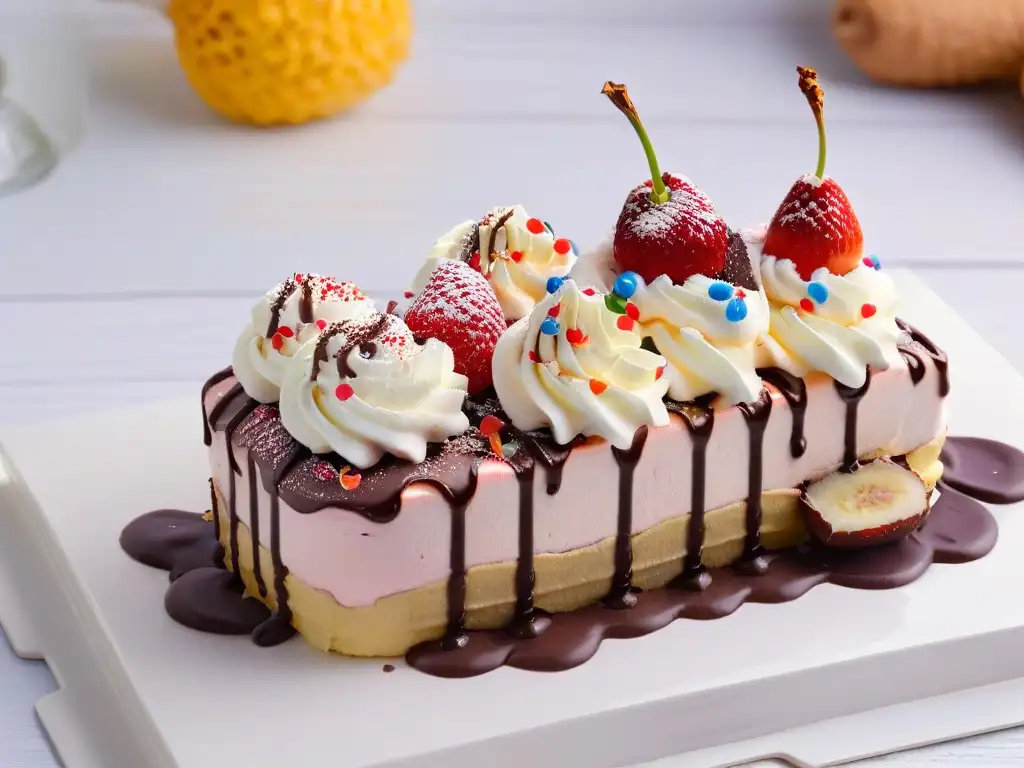 Deliciosa receta casera de Banana Split con capas de helado de vainilla, chocolate y fresa, crema batida, salsa de chocolate y una cereza