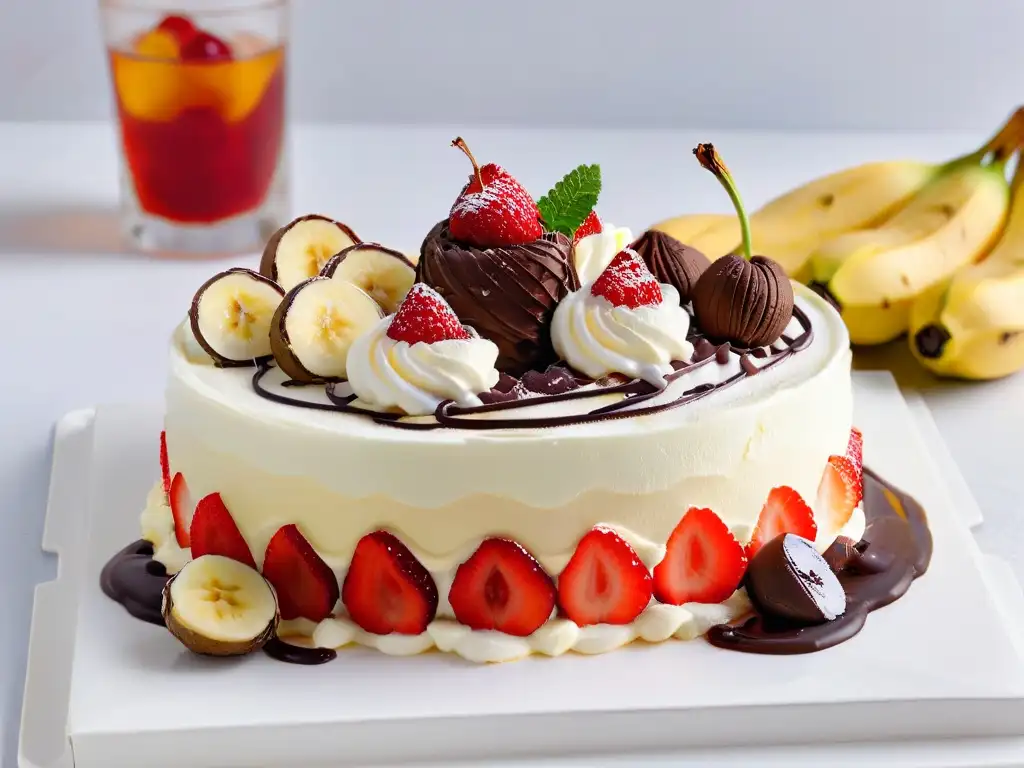 Deliciosa receta casera Banana Split con capas de helado de vainilla, chocolate y fresa, decorada con crema batida, plátano y cereza en un vaso