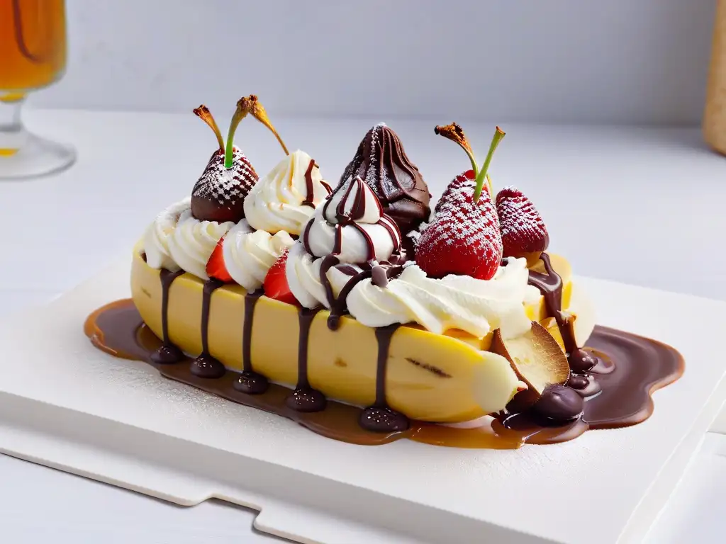 Deliciosa receta casera Banana Split con helado de vainilla, chocolate y fresa, decorada con salsa y toppings exquisitos en un plato moderno