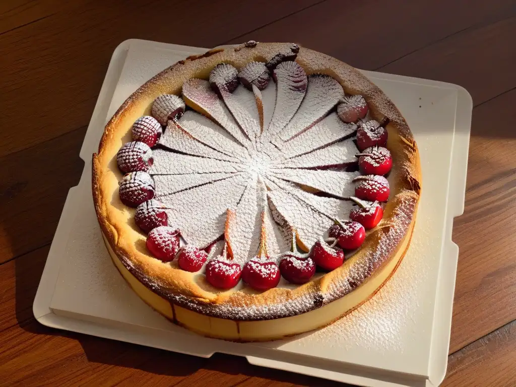 Deliciosa receta clafoutis de cerezas en verano, sobre mesa rústica con luz cálida