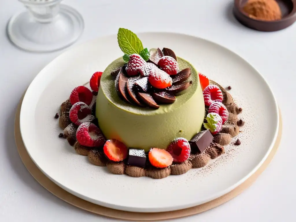 Deliciosa receta clásica de mousse de chocolate de aguacate con frambuesas y menta en plato blanco