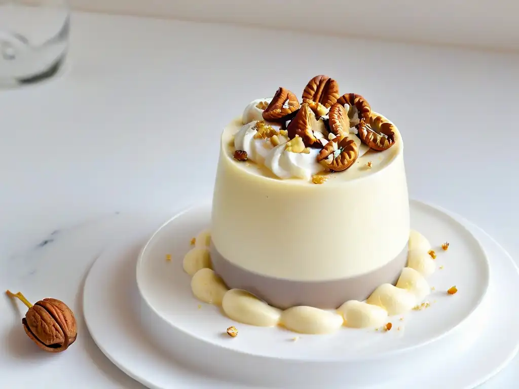 Deliciosa receta panna cotta café nueces en copa moderna, con textura brillante y tentadora