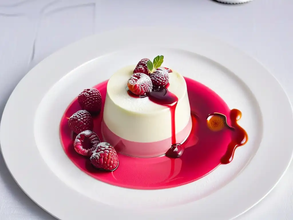 Deliciosa receta Panna Cotta con coulis de frambuesa, presentada de manera elegante en un plato blanco