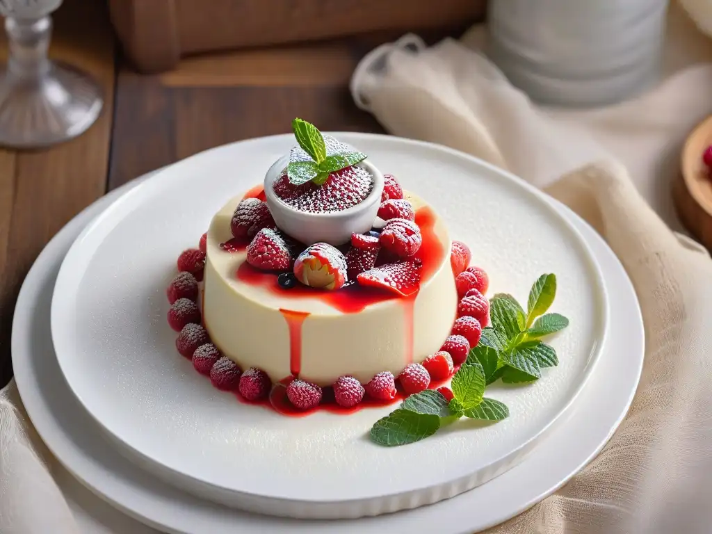 Deliciosa Receta Panna Cotta con coulis de frambuesa, decorada con frescas frambuesas y hojas de menta