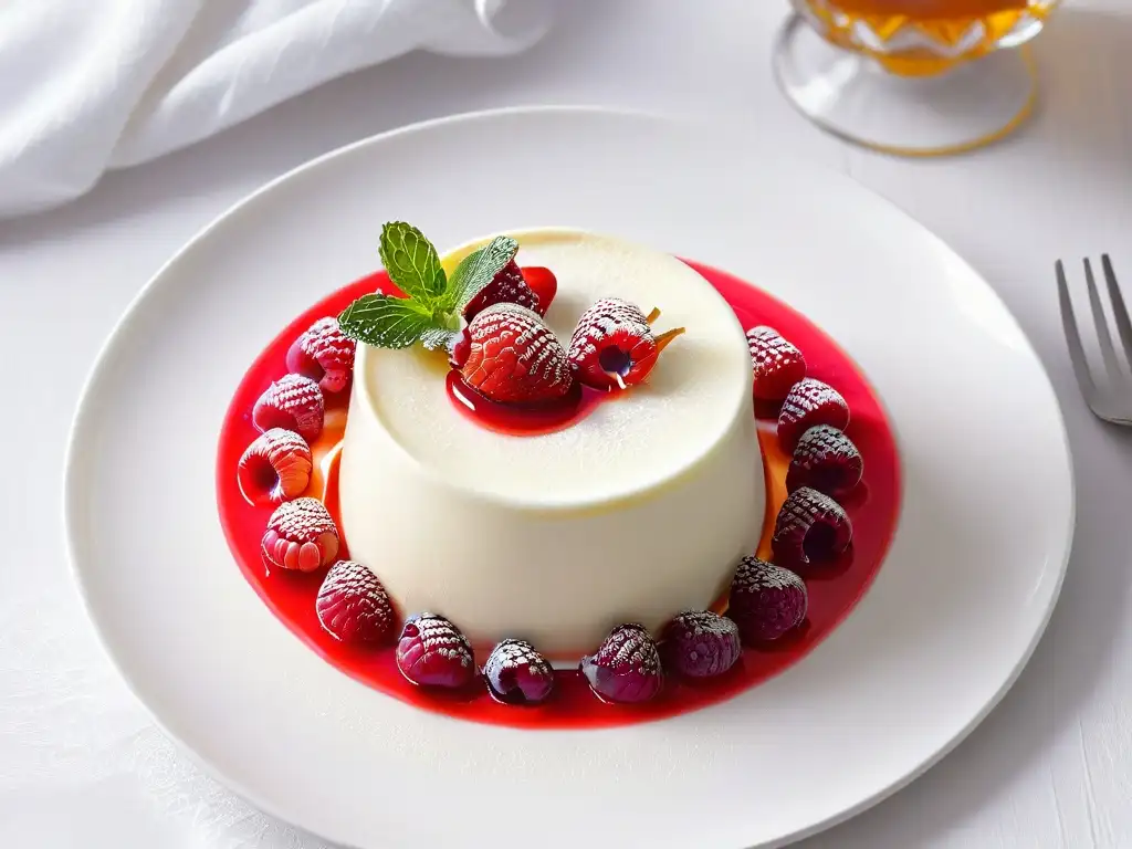 Deliciosa receta de Panna Cotta con coulis de frambuesa, decorada con frutas frescas y menta en un elegante plato blanco