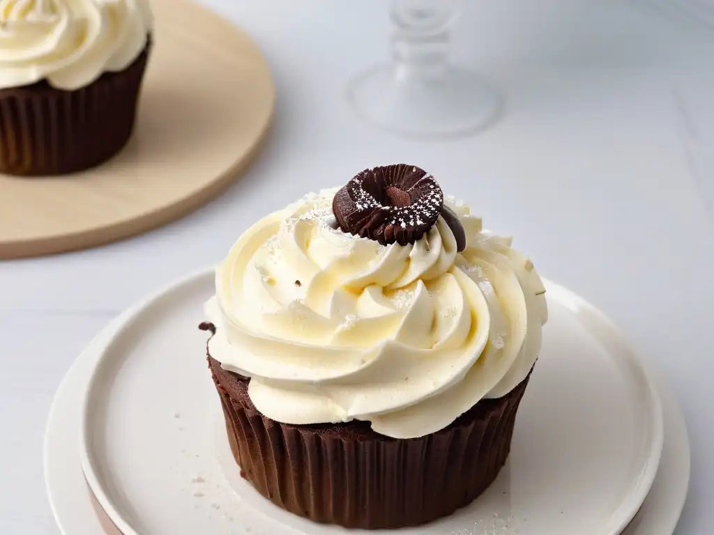 Deliciosa receta de crema leche vegana casera sobre un cupcake de chocolate