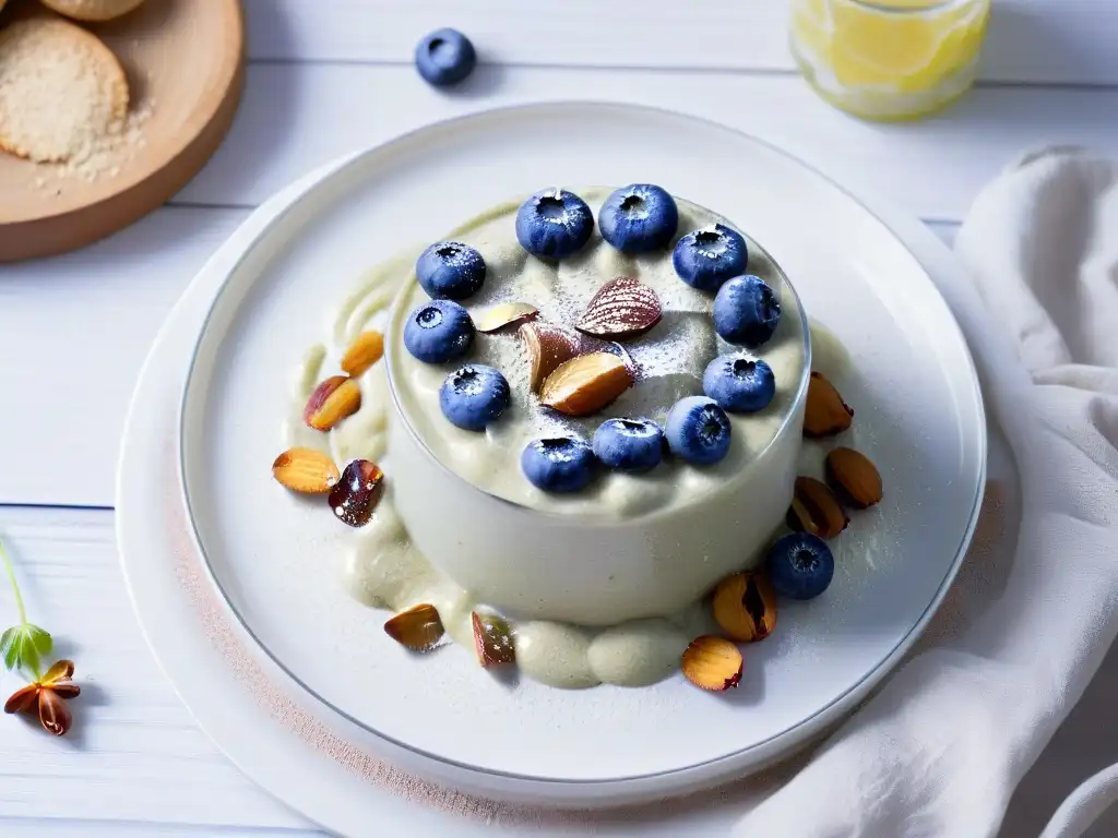 Deliciosa receta diabética con semillas: pudín de chía con arándanos y almendras trituradas en plato blanco