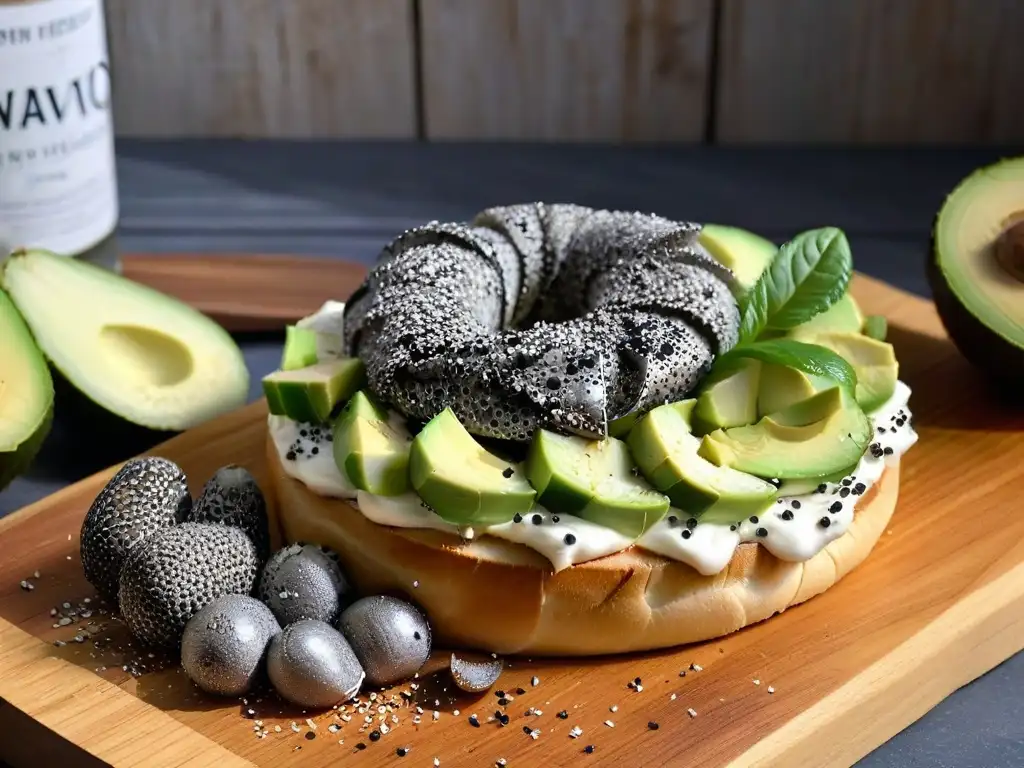 Deliciosa receta fácil queso crema vegano en bagel con aguacate y semillas de sésamo negro