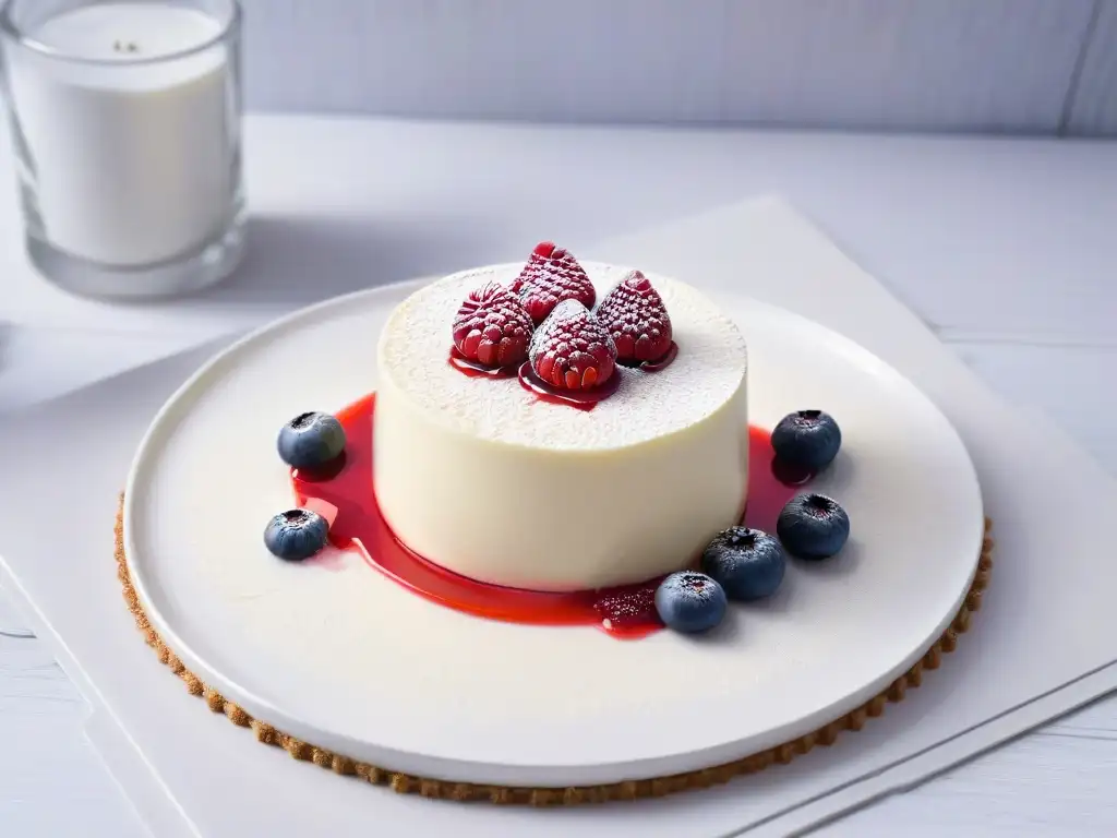 Deliciosa Receta Panna Cotta coulis frambuesa en plato blanco minimalista, resaltando texturas y colores vibrantes