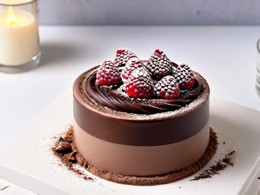 Deliciosa receta fácil mousse chocolate francés en copa cristalina con frambuesas y cacao