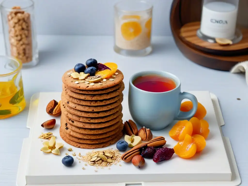 Deliciosa receta de galletas de avena gourmet saludables con frutos secos y té artesanal en una elegante presentación