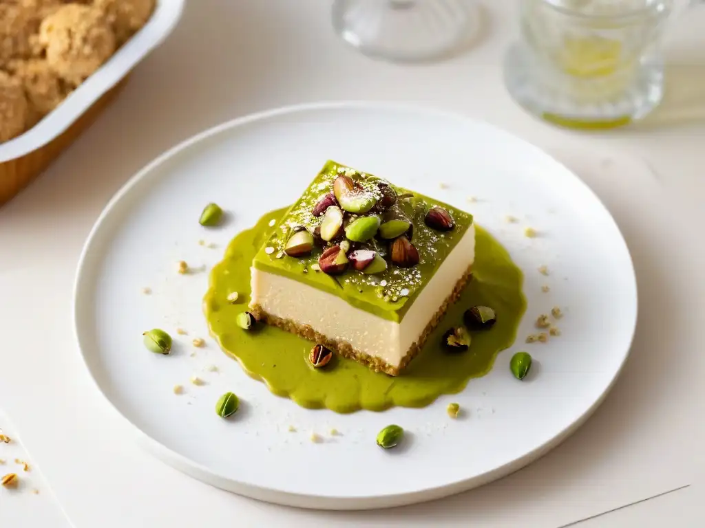 Deliciosa receta de halva africana fácil, con pistachos y miel, presentada en plato blanco sobre fondo difuminado