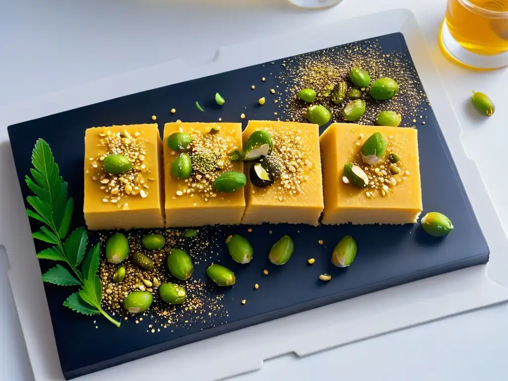 Deliciosa receta de halva de sésamo casera: rebanadas de halva de sésamo con pistachos y miel dorada en plato negro