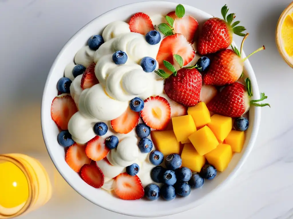 Deliciosa receta helado casero yogur frutas con fresas, arándanos y mango en mármol blanco