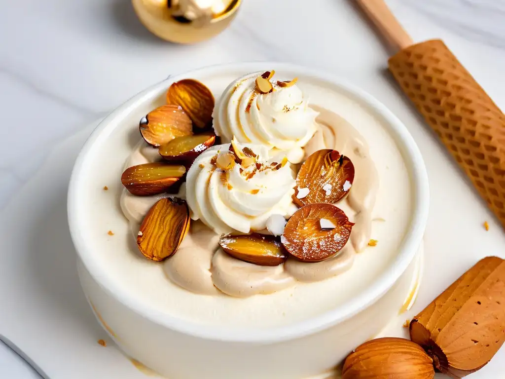 Deliciosa receta helado turrón casero: cremoso helado de almendras y turrón en mármol blanco