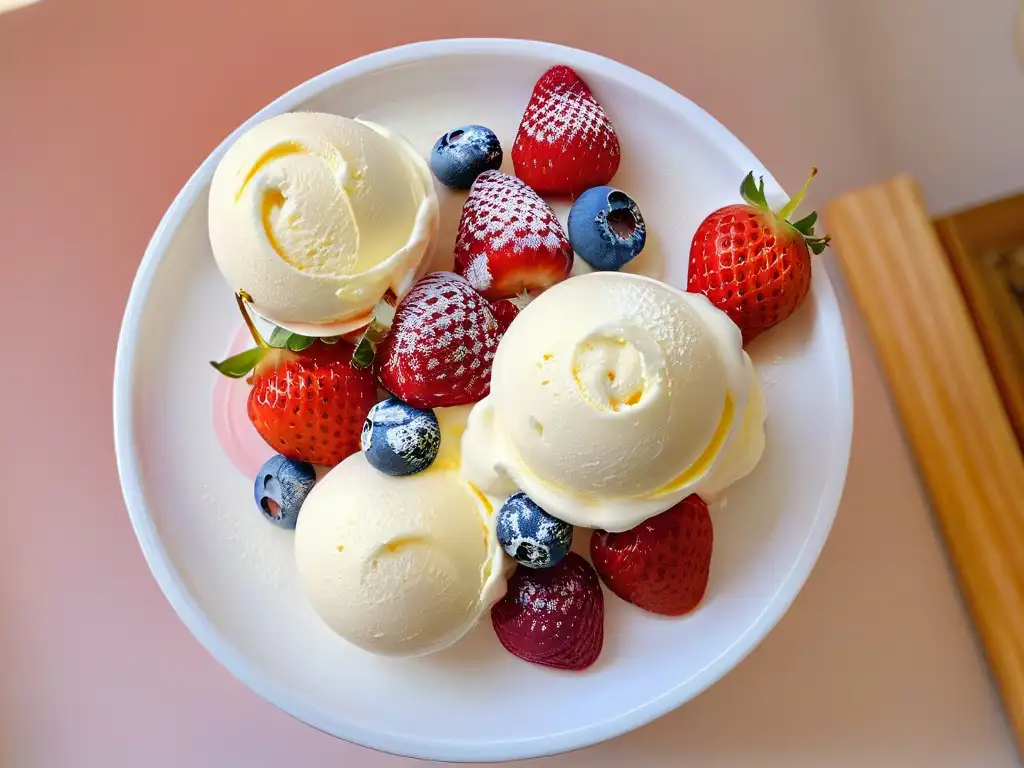 Deliciosa receta de helado de vainilla con frutos rojos frescos, una combinación irresistible de sabores y colores vibrantes