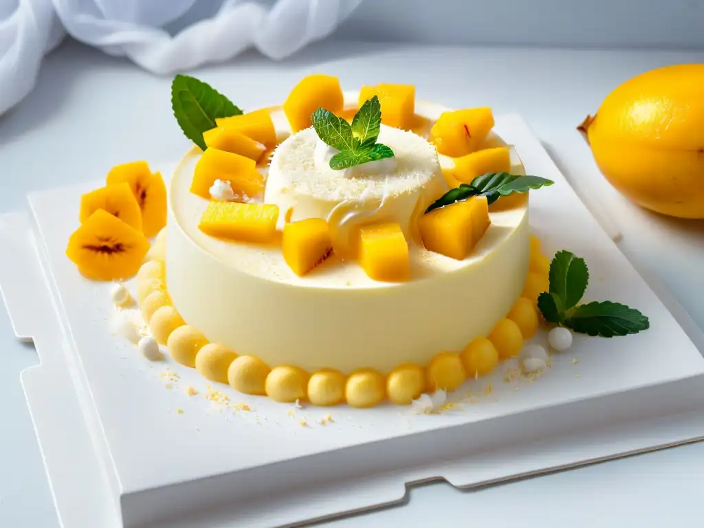 Deliciosa receta de mousse mango coco con capas de mango y coco, decorada con mango fresco y coco rallado