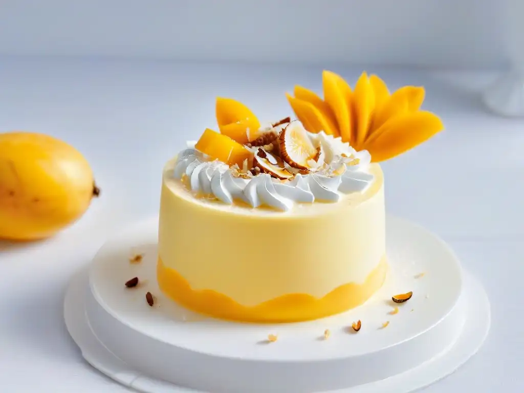 Deliciosa receta de mousse mango coco en capas, presentada con elegancia en copa transparente