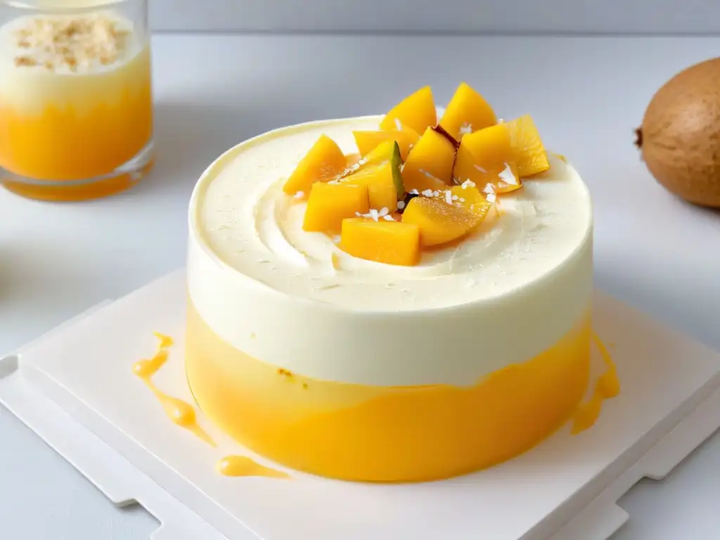 Deliciosa receta de Mousse de Mango y Coco en vaso, con capas vibrantes y decoración tropical