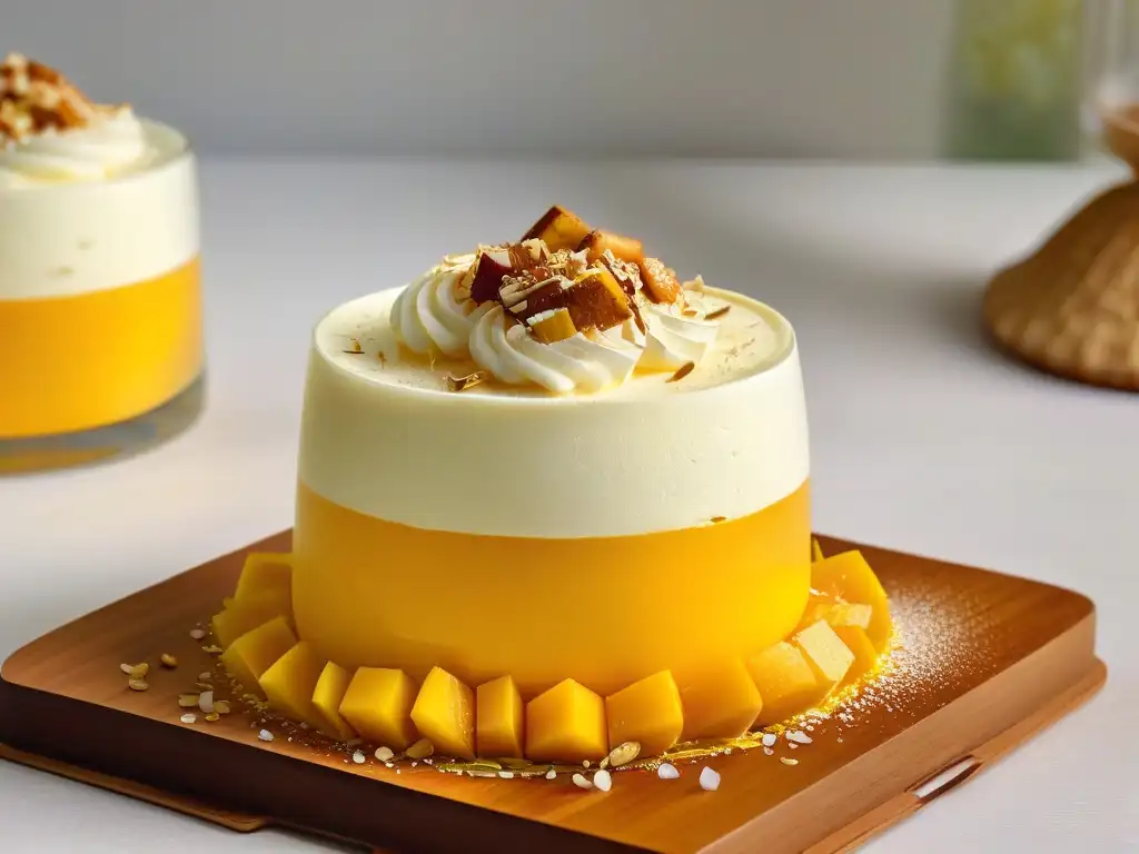 Deliciosa receta mousse mango coco en copa transparente, capas amarillas y blancas con coco tostado encima