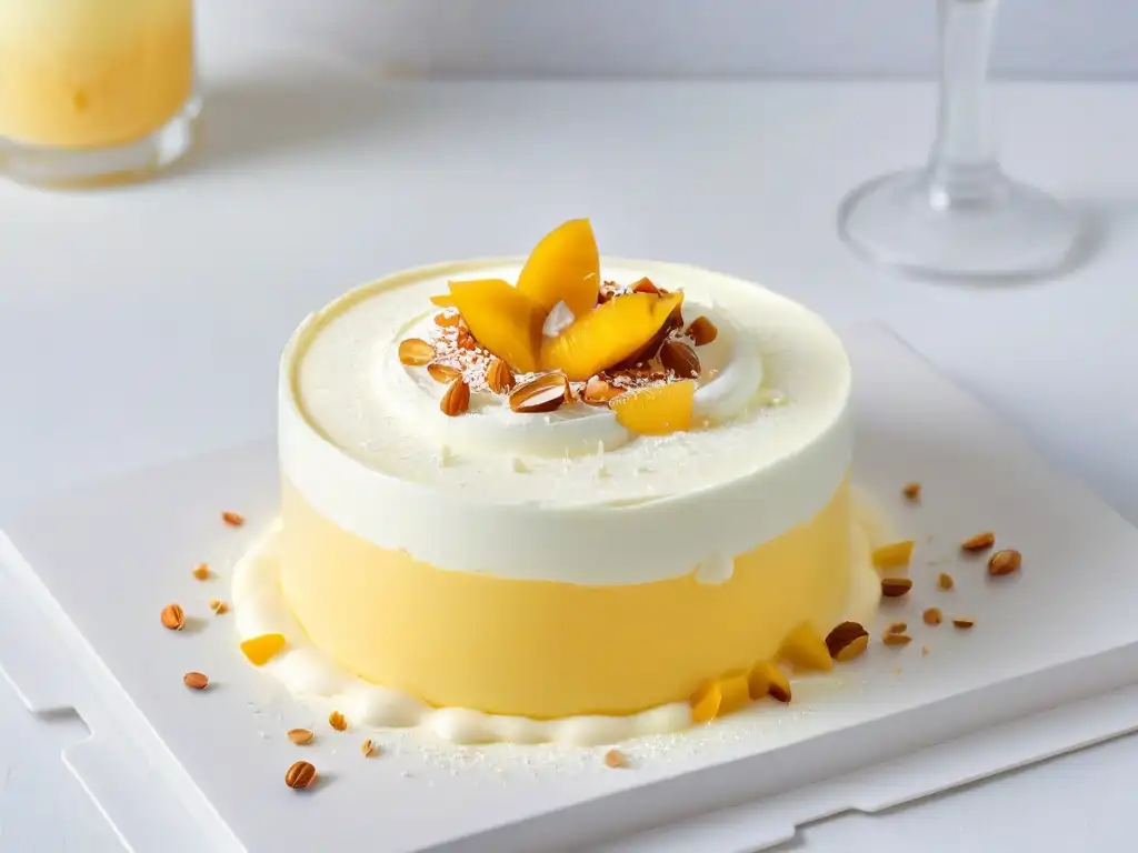 Deliciosa receta mousse mango coco en vaso transparente, capas de mango y coco con coco tostado