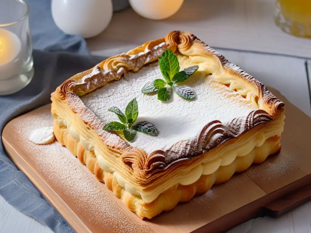 Deliciosa Receta original Kremówka papieska: capas de hojaldre, crema de vainilla y azúcar glas, en una composición elegante y apetitosa