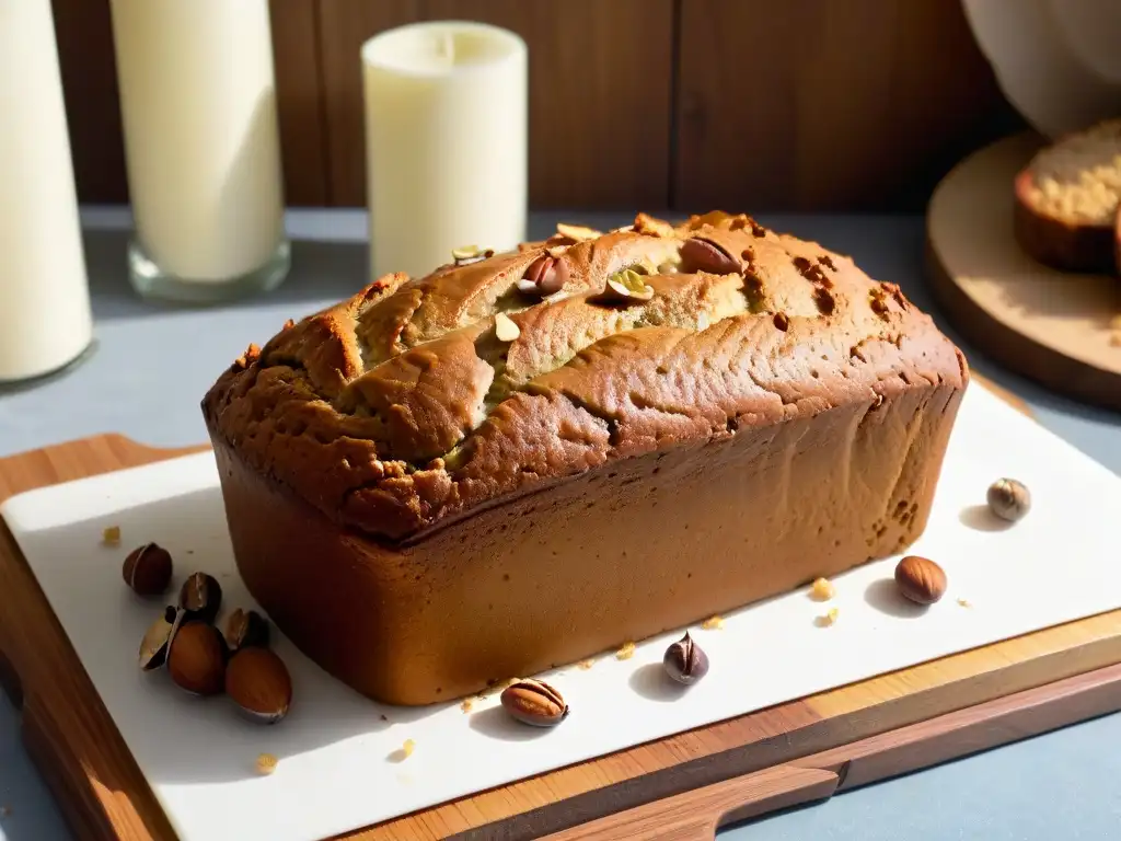 Deliciosa receta de pan de plátano sin gluten, recién horneado en tabla de madera rústica