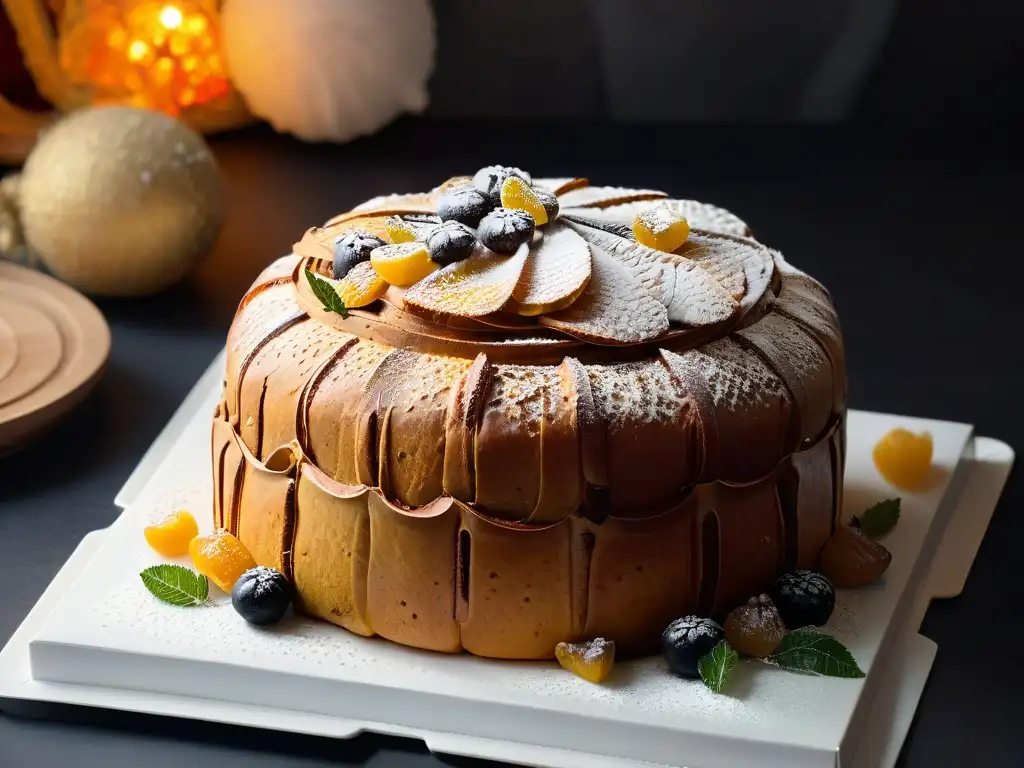 Panettone artesanal: delicia navideña en negro elegante Una deliciosa receta de Panettone casero Navidad, con frutas confitadas y pasas doradas, sobre un elegante fondo negro mate