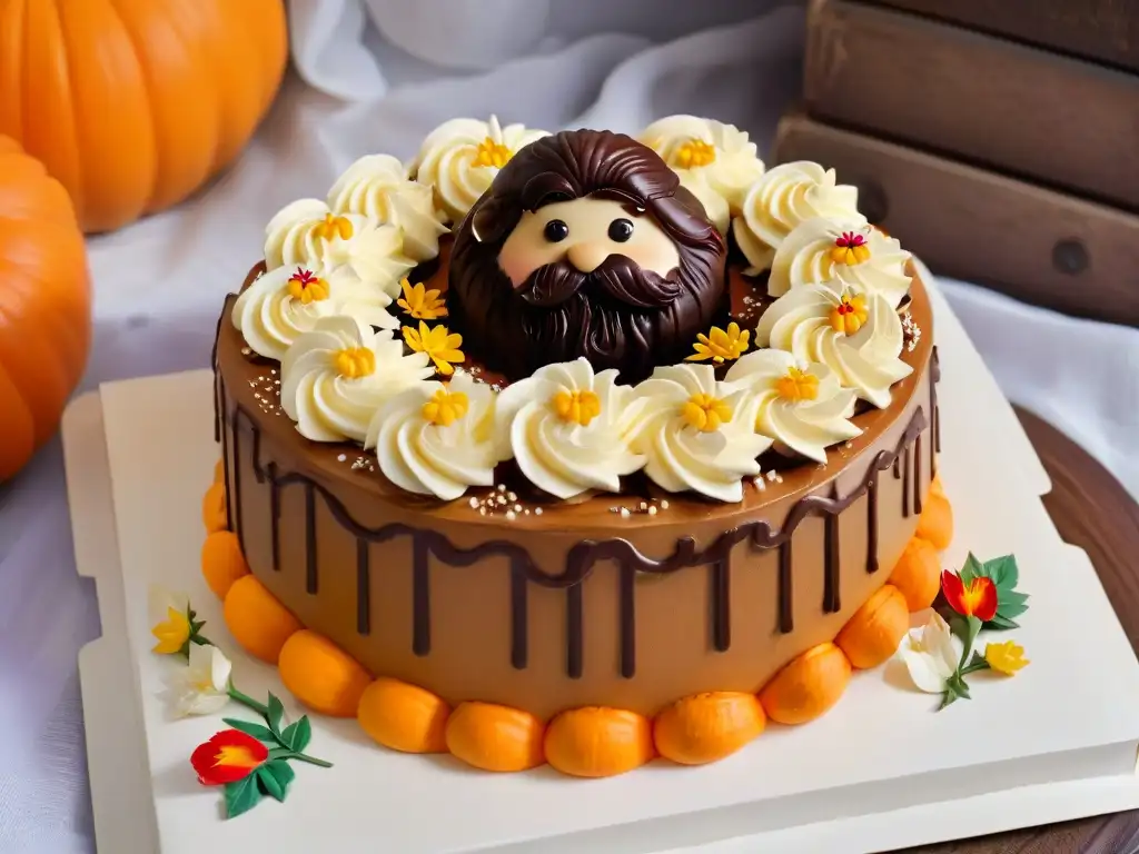 Deliciosa receta pastel calabaza estilo Hagrid, decorado con flores comestibles y chocolate