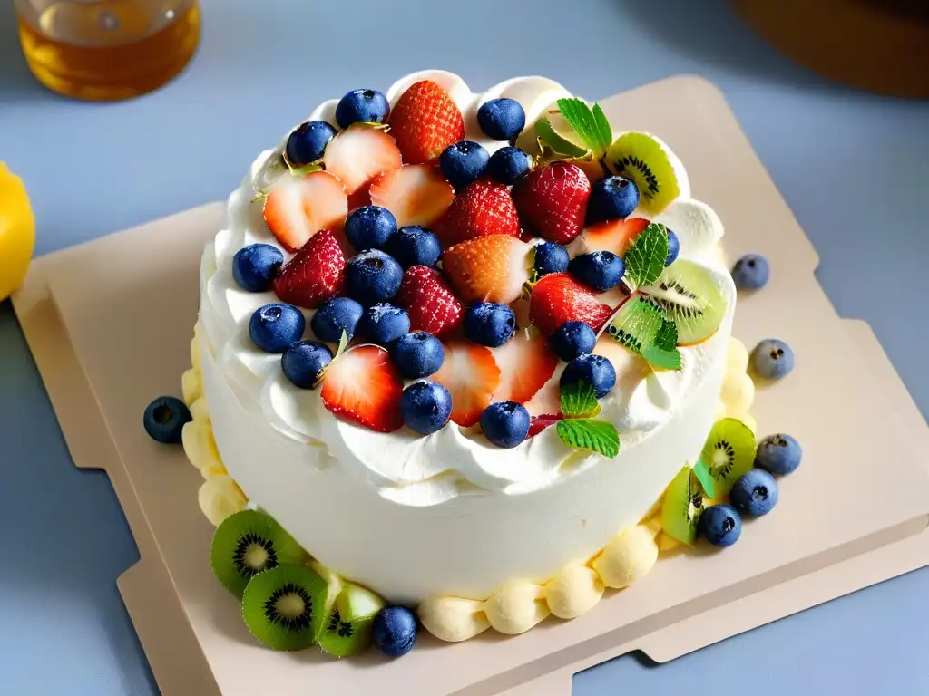 Deliciosa receta Pavlova: merengue crujiente con frutas vibrantes como fresas, kiwi y arándanos, una explosión de color y sabor