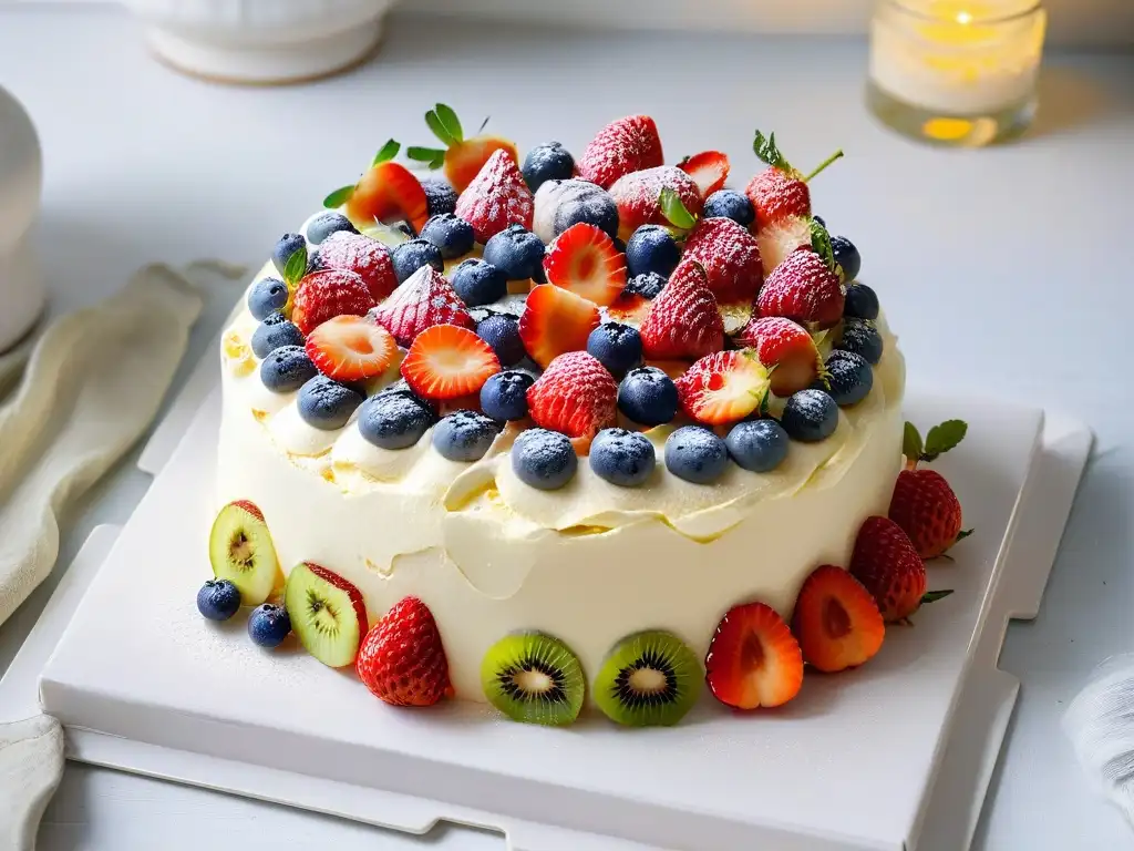 Deliciosa receta Pavlova con merengue, frutas frescas y coloridas en un elegante plato blanco